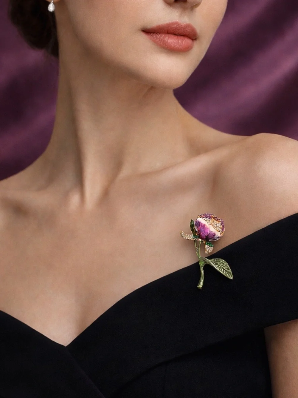 Purple Floral Brooch Pin – Rhinestone Rose Statement Accessory